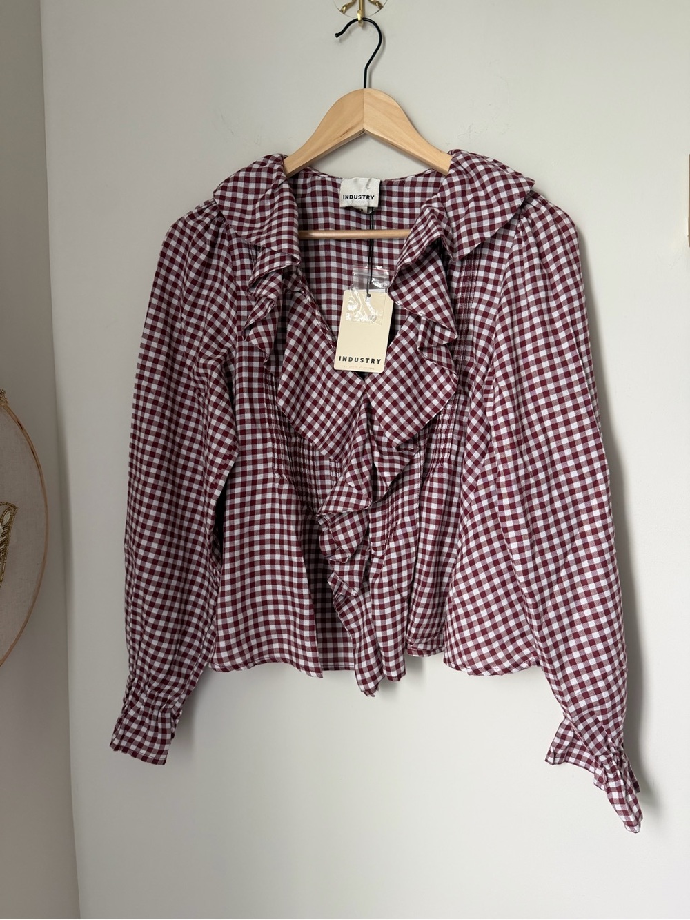 Burgundy Gingham Ruffle-Front long sleeve cotton Blouse